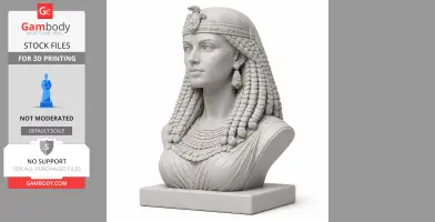 3D printed bust of Cleopatra VII with braided hair, regal attire, and headpiece featuring a serpent.