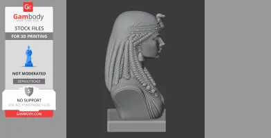 Profile view of a detailed 3D bust model of Cleopatra with traditional headdress and braids.