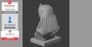3D model of Cleopatra VII bust, detailed braids, side view, set on a square base.