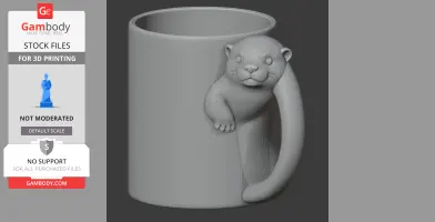 A 3D model of a mug with an otter-shaped handle hugging the side.