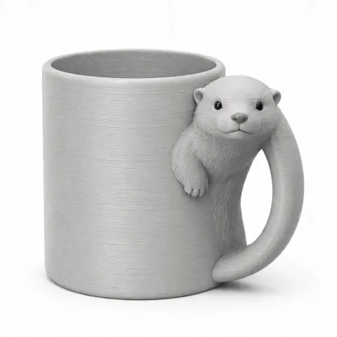 3D-printed mug with an otter shape forming the handle and side detail.
