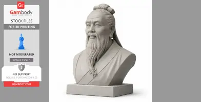 3D printed bust of a historical figure with a long beard and traditional attire on a pedestal.