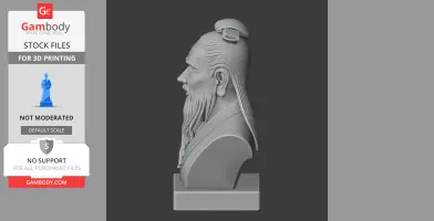 3D model of a historical figure's bust with a topknot and beard, side profile view.