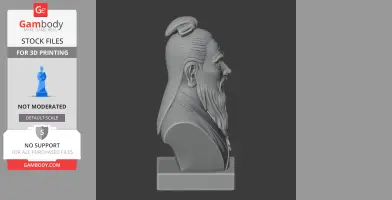 3D bust of a historical figure with a long beard and topknot, viewed in profile on a display stand.