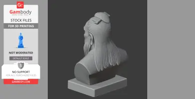 Rear view of a 3D printed bust with detailed hair and beard, mounted on a rectangular base.