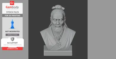 Bust of a historical figure with a long beard and topknot, suitable for 3D printing.