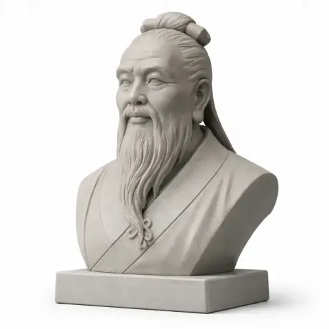 Bust of Confucius with detailed facial features and traditional attire on a display base.