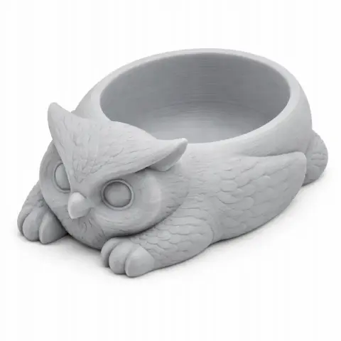 3D model of a bowl shaped like a resting owl, with detailed wings and facial features.