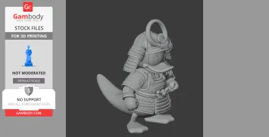 Samurai-themed duck figure with a beak, wearing armor and a helmet, designed for 3D printing.