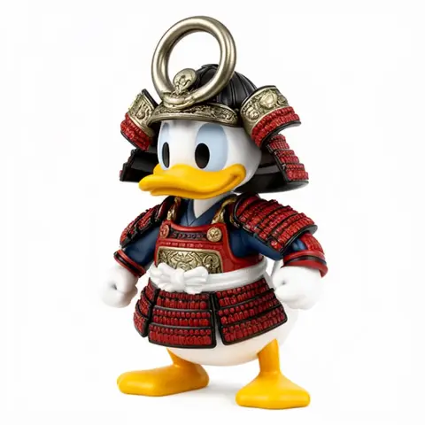 Duck character in samurai armor, with red and gold details, holding a ring on its head.