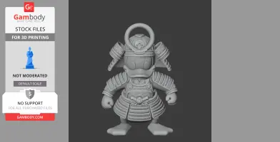 Samurai figure with duck-like features, wearing traditional armor and holding a circular ornament on its head.