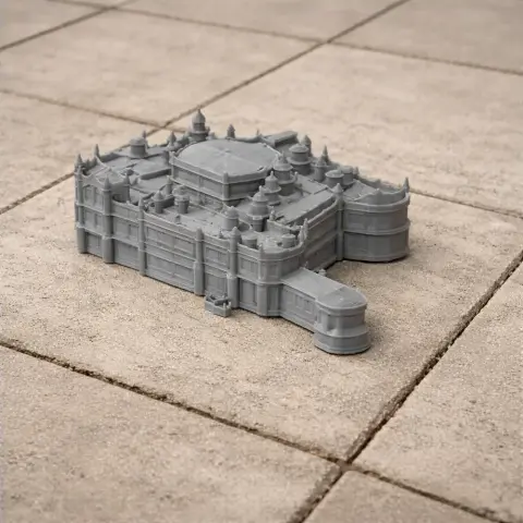 Gray 3D-printed model of Allerton Castle, detailed with towers and intricate architecture elements.