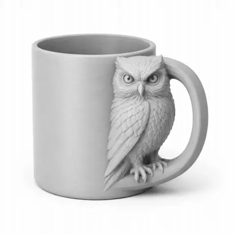 A mug with a detailed owl sculpted as part of the handle and side, designed for 3D printing.