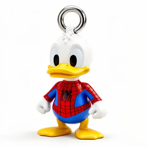 A duck character in Spider-Man suit with a ring loop on its head, designed for 3D printing.