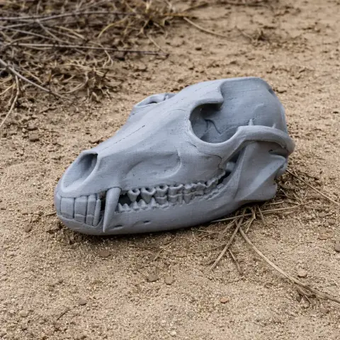3D printed black-backed jackal skull replica on sandy ground.