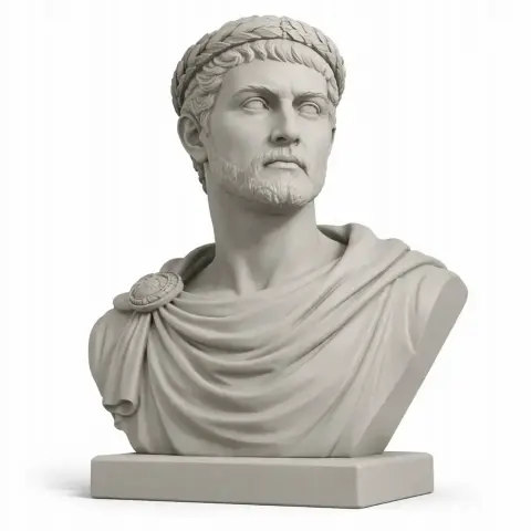 Bust of Roman Emperor Constantine the Great, detailed with toga and laurel, on a square base.