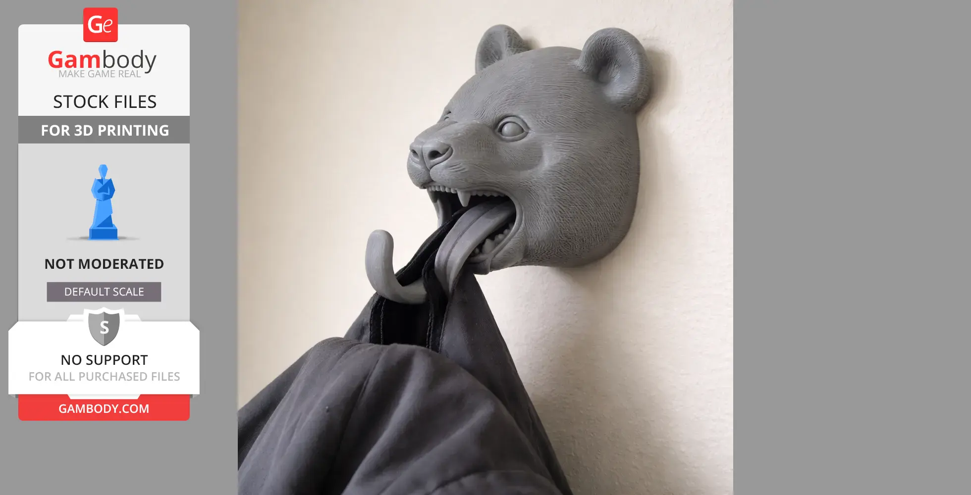 3D-printed panda head wall hook holding a coat in its mouth.