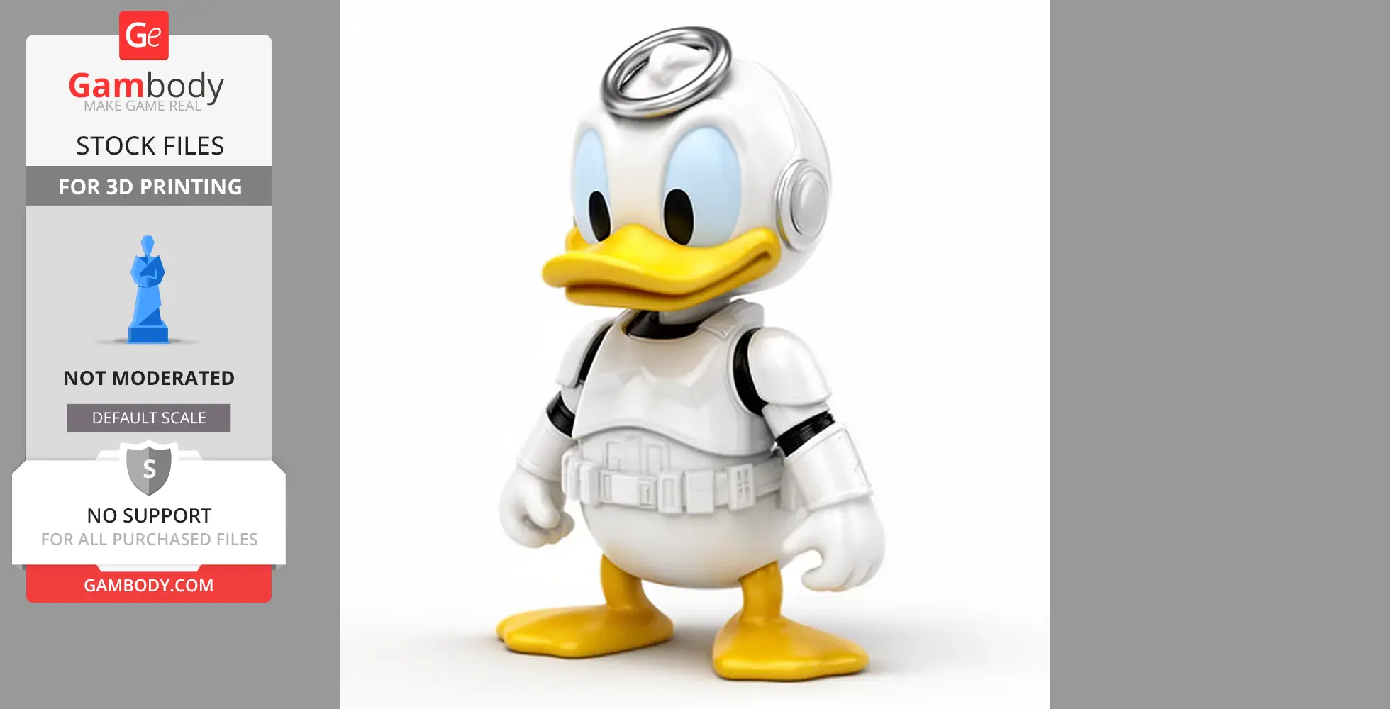 A cartoon duck character in stormtrooper armor with a ring on its head, ready for 3D printing.
