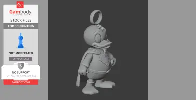 Duck character in a superhero costume with a ring loop on top for 3D printing.