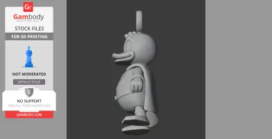 A 3D model of a cartoon duck with a superhero cape and ring, ready for 3D printing.