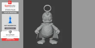 A 3D model of a duck in a Superman outfit with a cape and emblem, featuring a ring on its head.