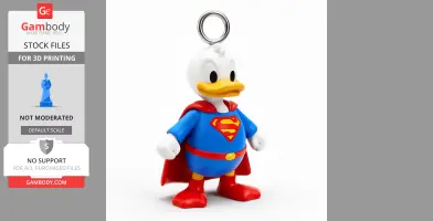 A duck character in a Superman costume with a cape, standing upright, and a ring on its head.