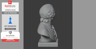 Side view of a 3D bust of a historical figure in detailed attire, with styled hair.