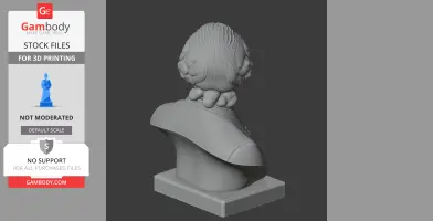 3D bust of a figure with detailed hair and clothing, viewed from the back on a square base.