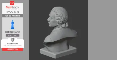 A 3D-printed bust of a historical figure with detailed hair and attire on a square base.