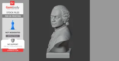 3D bust of a man with tied hair in historical attire, placed on a square base.