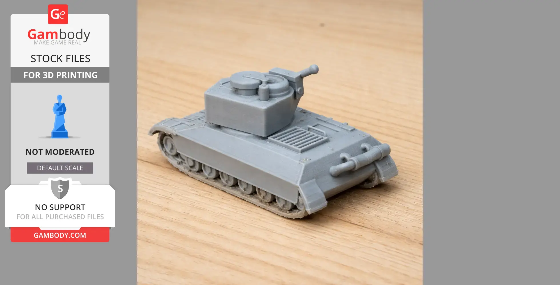 Gray 3D-printed model of a tank with turret and tracks, displayed on a wooden surface.