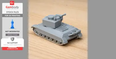 Gray 3D-printed model of a tank with turret and tracks, displayed on a wooden surface.