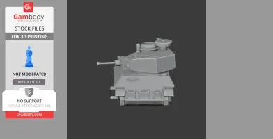 Gray 3D model of a tank viewed from the front, featuring a rotating turret and cannon.