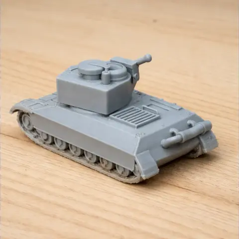 Gray 3D-printed model of a tank, featuring detailed tracks and turret on a wooden surface.