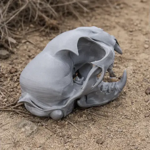 A 3D-printed bobcat skull replica, intricately detailed, resting on a natural, earthy surface.