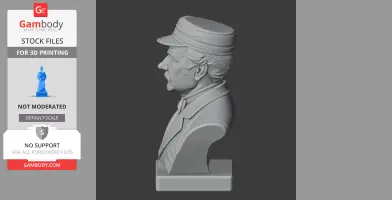 Profile view of a historical bust with a cap and detailed attire, designed for 3D printing.
