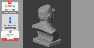 3D model of a bust wearing a cap, viewed from behind, on a rectangular base.