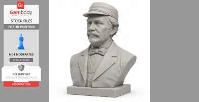 A detailed bust of a man in period attire with a cap and bow tie, meant for 3D printing.