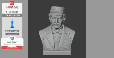 3D printable bust of a man wearing a hat and bow tie, with a stern expression.