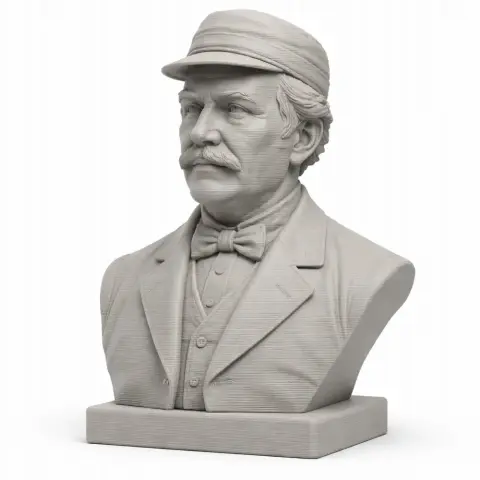 Bust of a historical figure in a suit, bow tie, and cap, on a rectangular base.