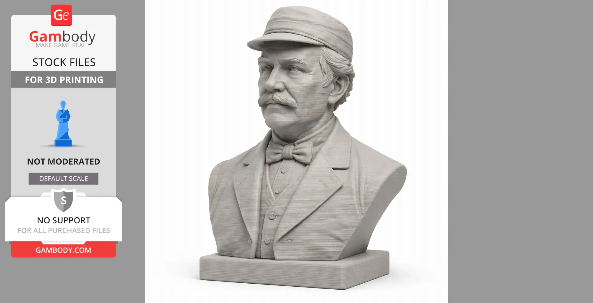 A detailed bust of a man in period attire with a cap and bow tie, meant for 3D printing.