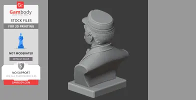 3D bust model of a man wearing a hat, viewed from the back, on a simple rectangular base.