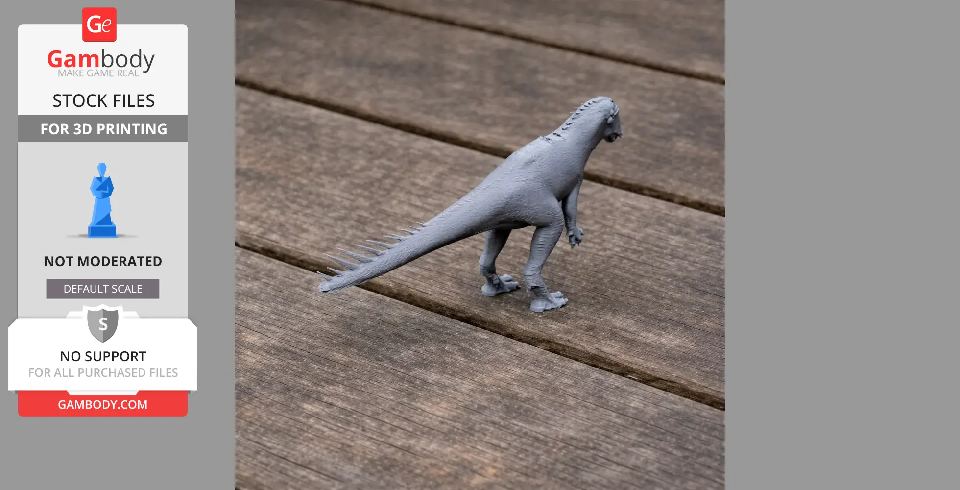 Gray 3D-printed dinosaur model on wooden planks, facing right with a detailed tail and body texture.