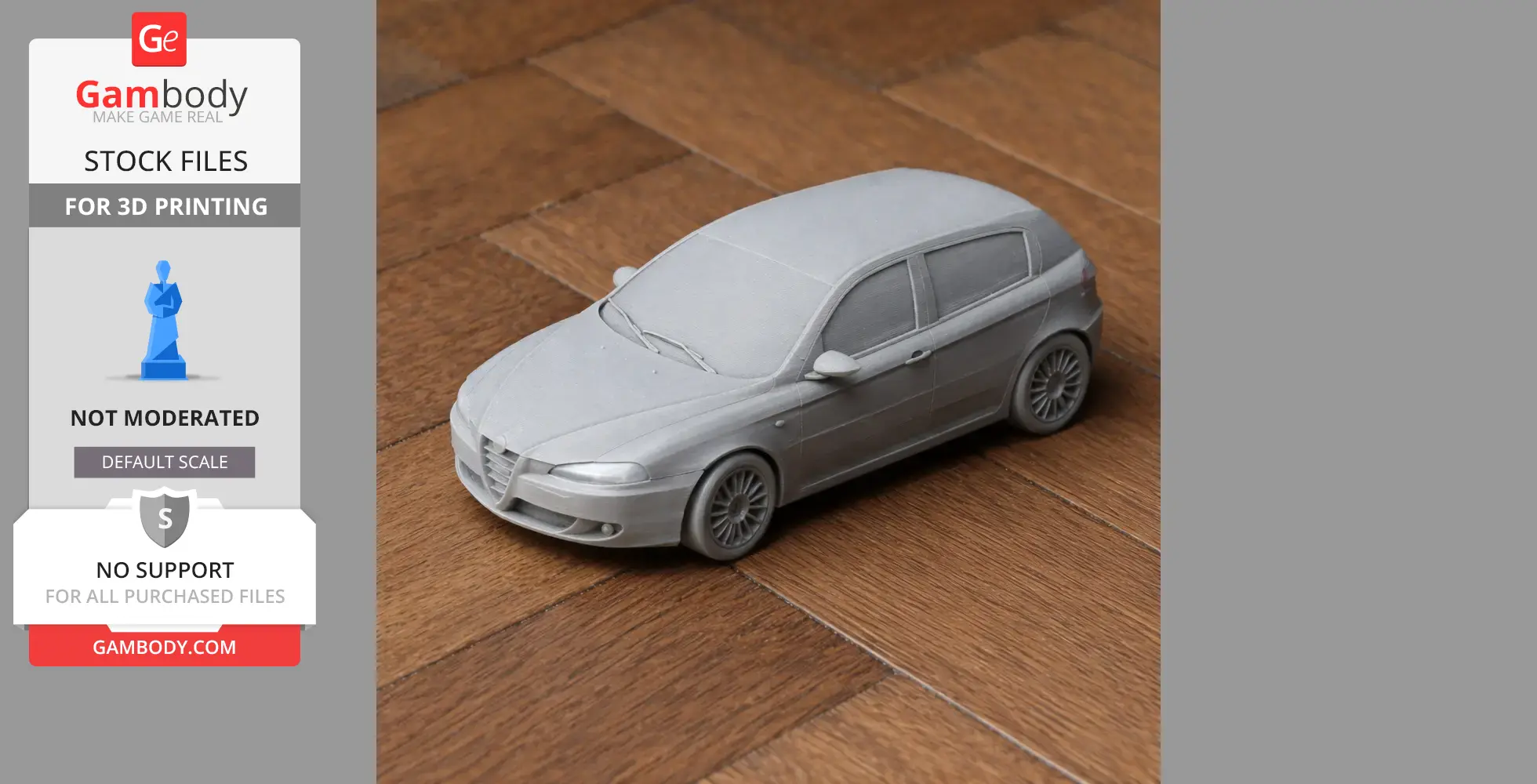 A detailed 3D printed model of an Alfa Romeo 147 car on a wooden surface.