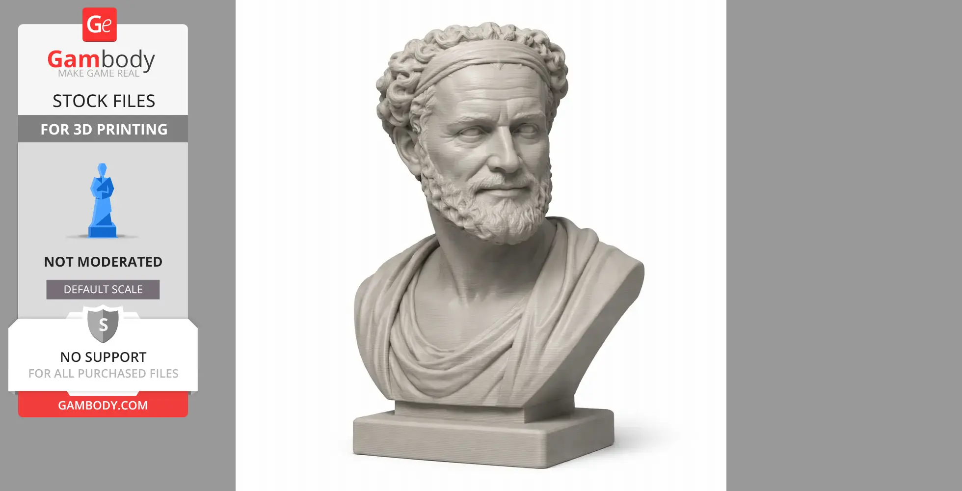 Bust of ancient warrior in draped garment and headband, with a beard and curly hair.