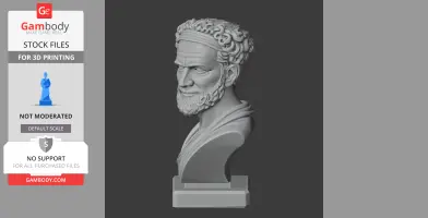 3D model of a bust depicting an older bearded man with curly hair and a stern expression, on a square base.