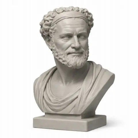Bust of a bearded historical figure with curly hair and draped clothing on a square base.