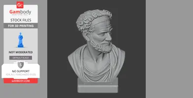 A detailed 3D bust of a historical warrior with curly hair, beard, and draped clothing on a squared base.