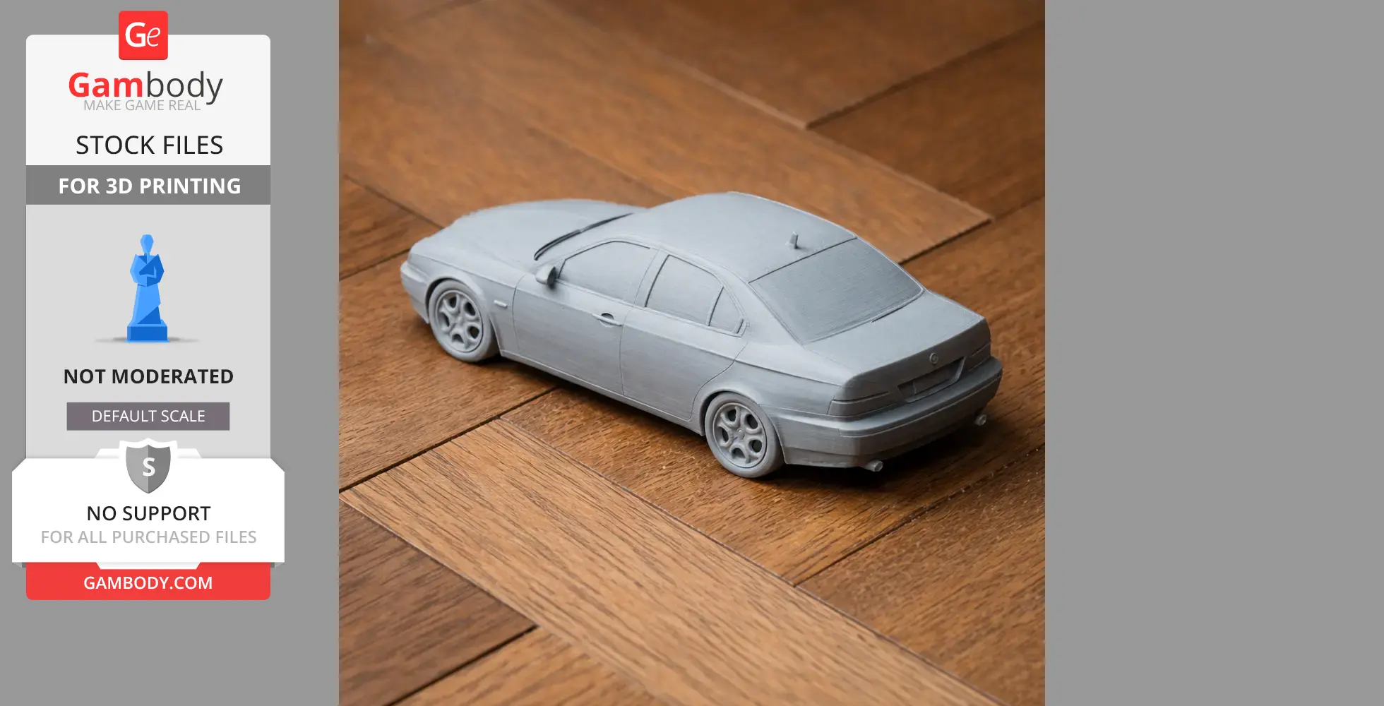Gray 3D-printed model of an Alfa Romeo 156 on a wooden surface.