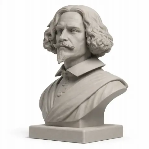 Bust of a historical figure with curly hair, mustache, and a detailed cape, on a square base.
